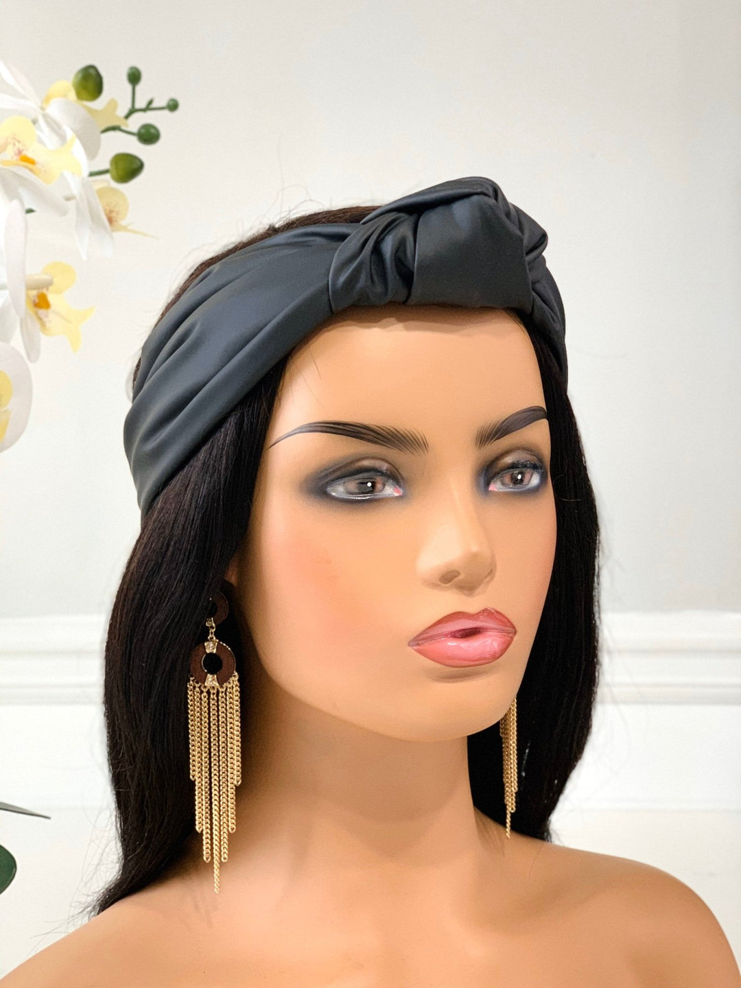 Matte Black Faux Leather Knotted Headband - Mudvii