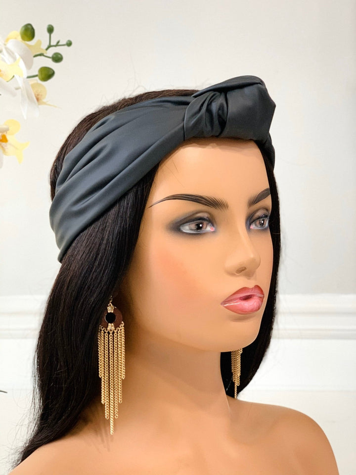 Matte Black Faux Leather Knotted Headband - Mudvii