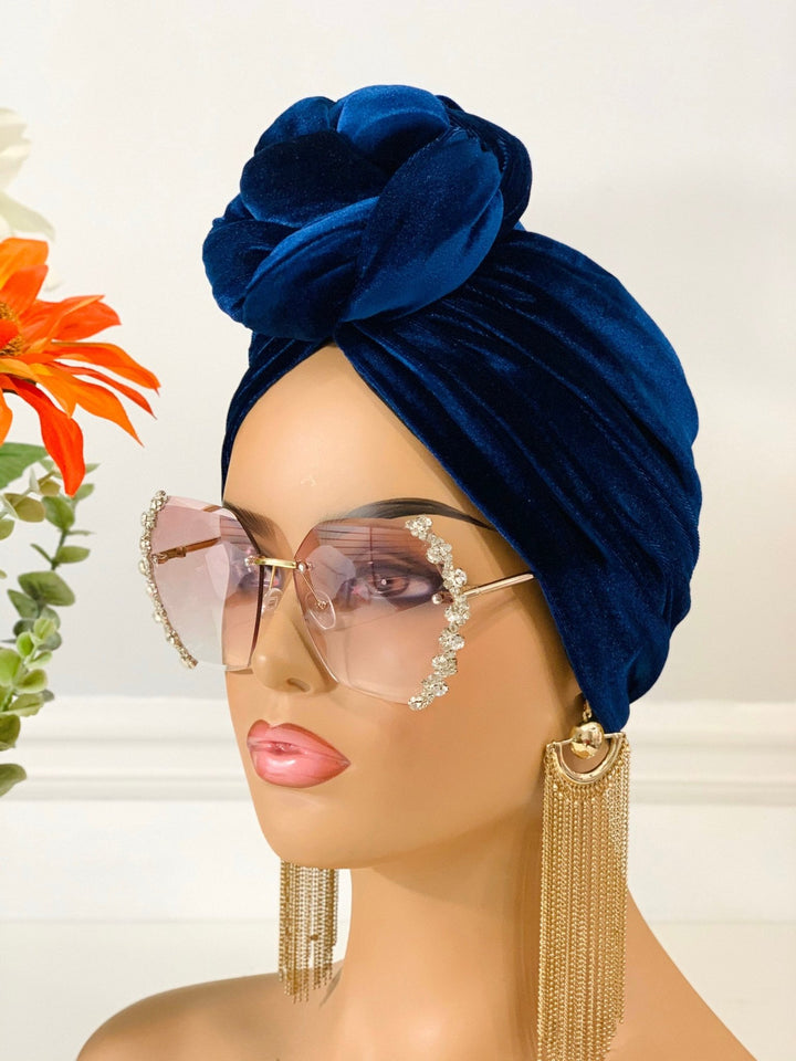 Navy Luxurious Velvet Pre-Tied Headband - Mudvii