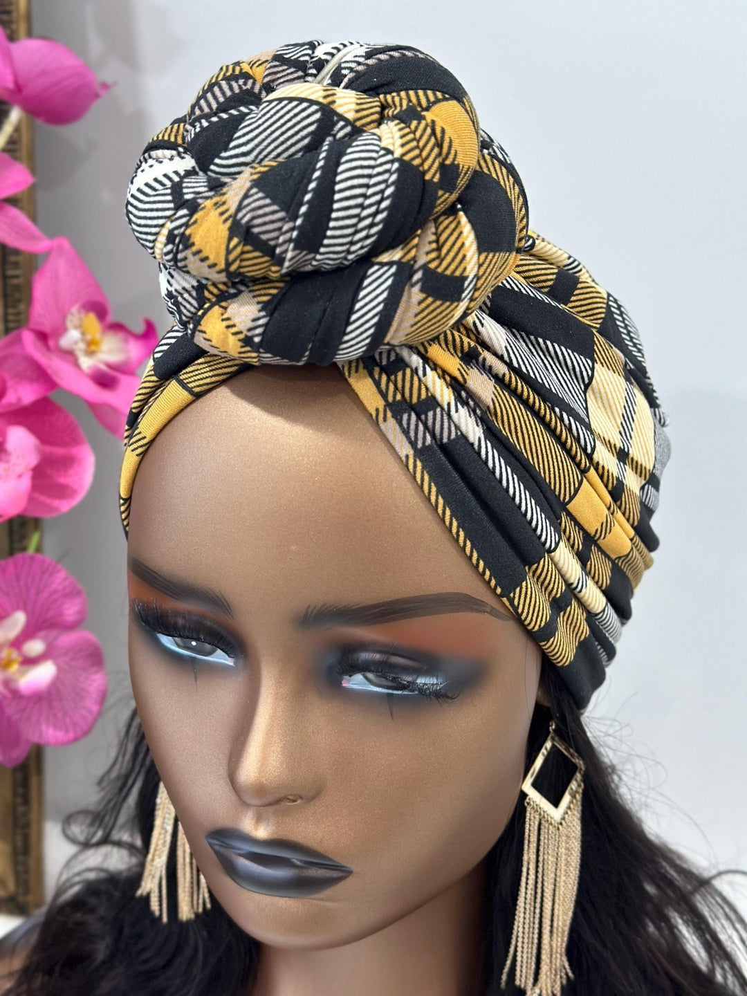 Yellow Plaid Pre - tied Turban - Mudvii