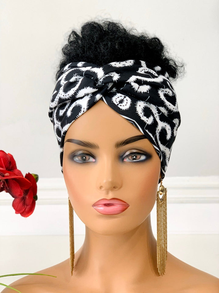 Ama Black & White Twist Headband in Stretch Jersey Fabric