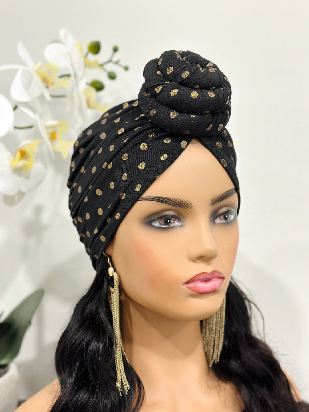 Black & Gold Polka Dot Turban Hat - Stylish women's accessory