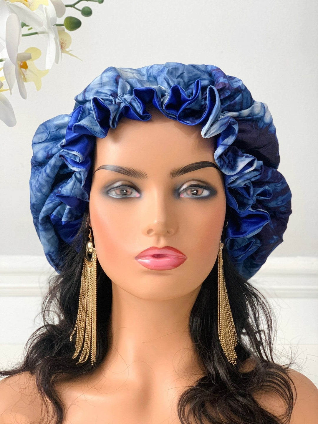 Blue Adire Satin Bonnet - Reversible satin sleeping cap