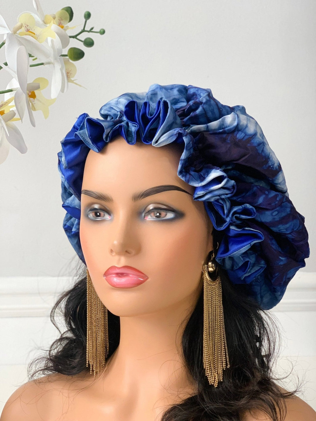 Blue Adire Satin Bonnet - Reversible satin sleeping cap