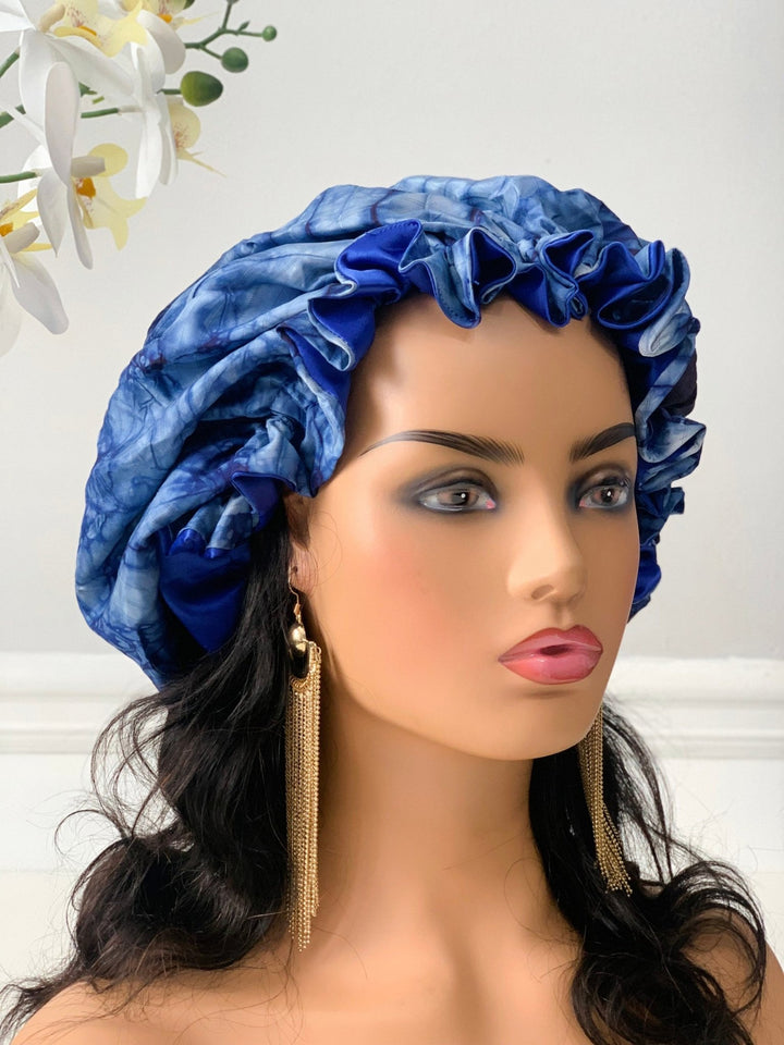 Blue Adire Satin Bonnet - Reversible satin sleeping cap