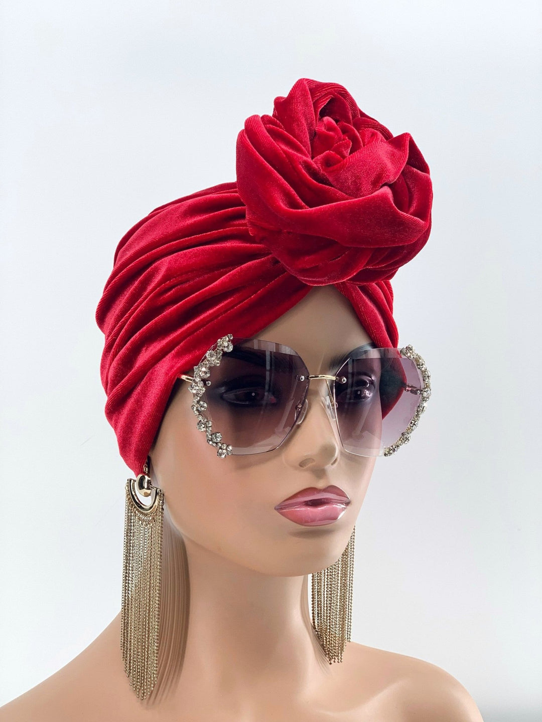 Dere Velvet Flower-Design Pretied Turban - Burgundy headwrap