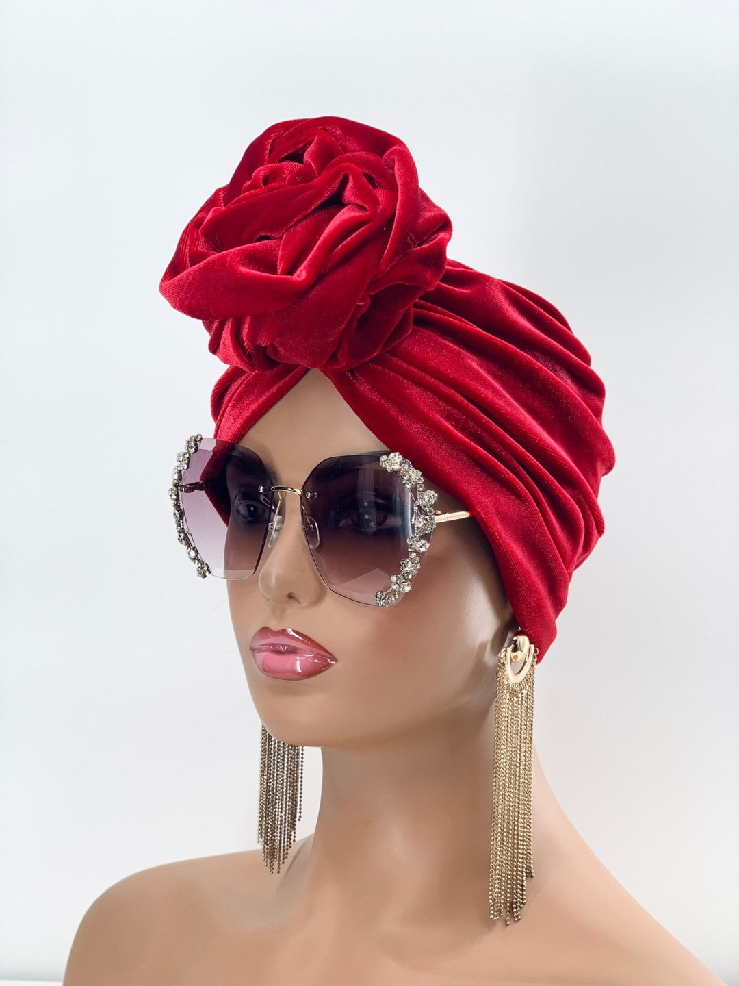 Dere Velvet Flower-Design Pretied Turban - Burgundy headwrap