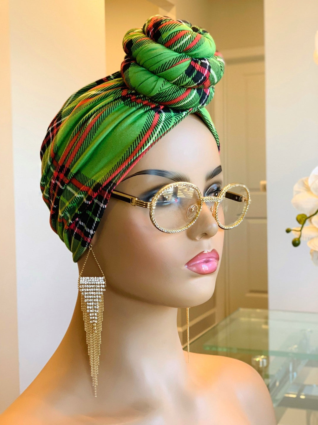 Green Plaid Pre-Tied Turban - Handmade fashion accessory