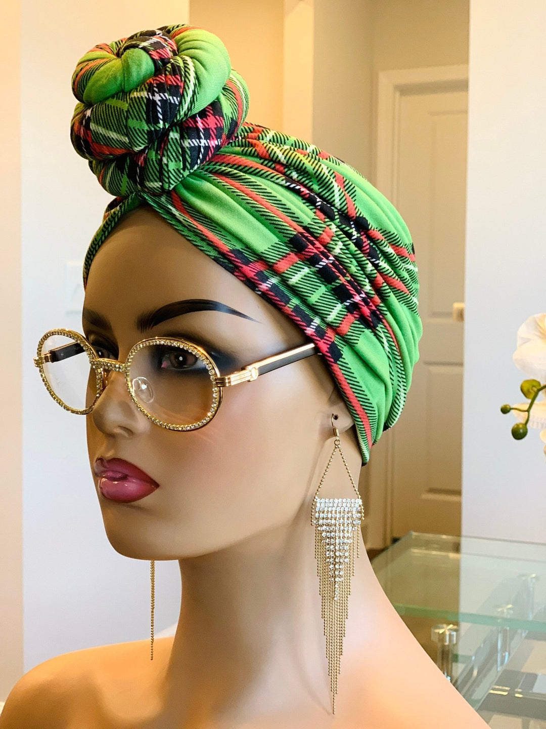 Green Plaid Pre-Tied Turban - Handmade fashion accessory