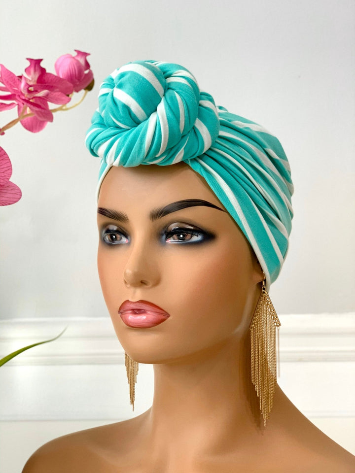 Green & White Stripes Pretied Headwrap - Stylish women's turban