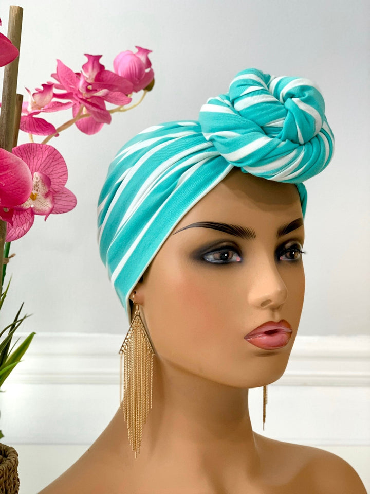 Green & White Stripes Pretied Headwrap - Stylish women's turban