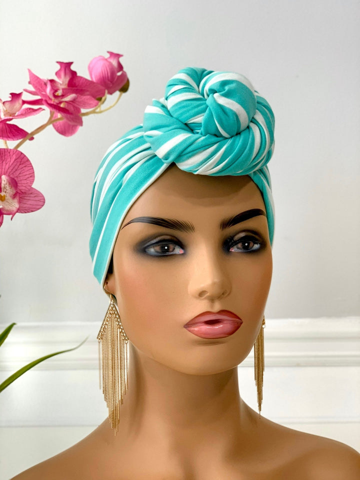 Green & White Stripes Pretied Headwrap - Stylish women's turban