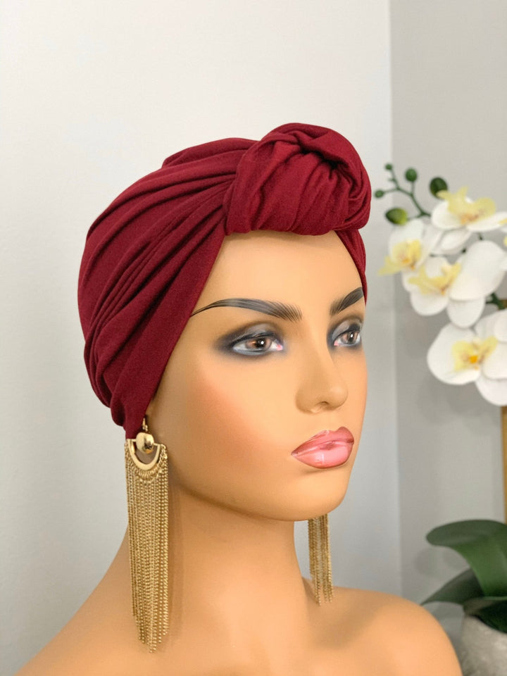 Noli Burgundy Pretied Knotted Turban - Mudvii