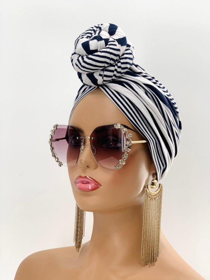 White & Blue Stripe Pre-Tied Headwrap - Mudvii