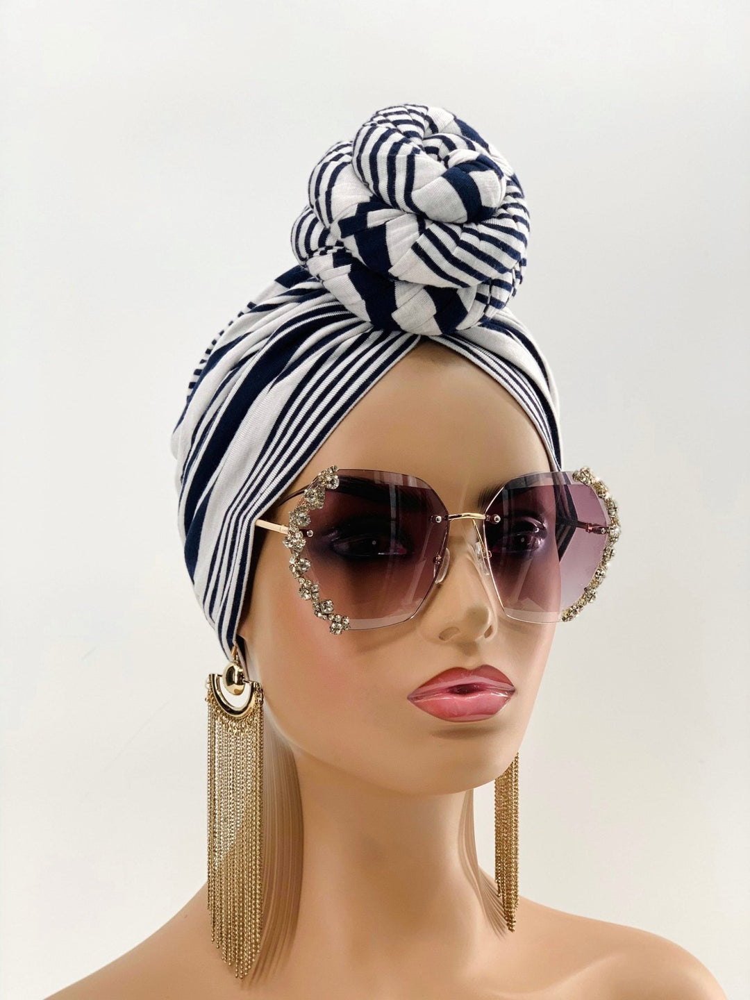 White & Blue Stripe Pre-Tied Headwrap - Mudvii