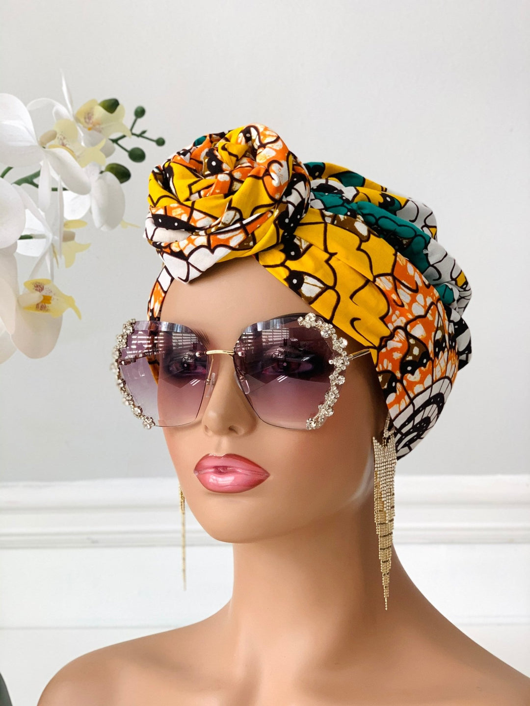 Yellow African Print 2-Piece Bonnet Headwrap - Mudvii