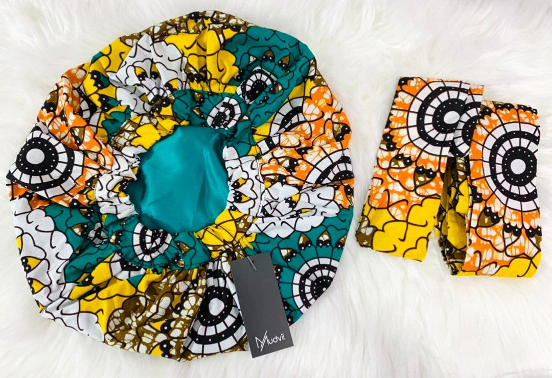 Yellow African Print 2-Piece Bonnet Headwrap - Mudvii