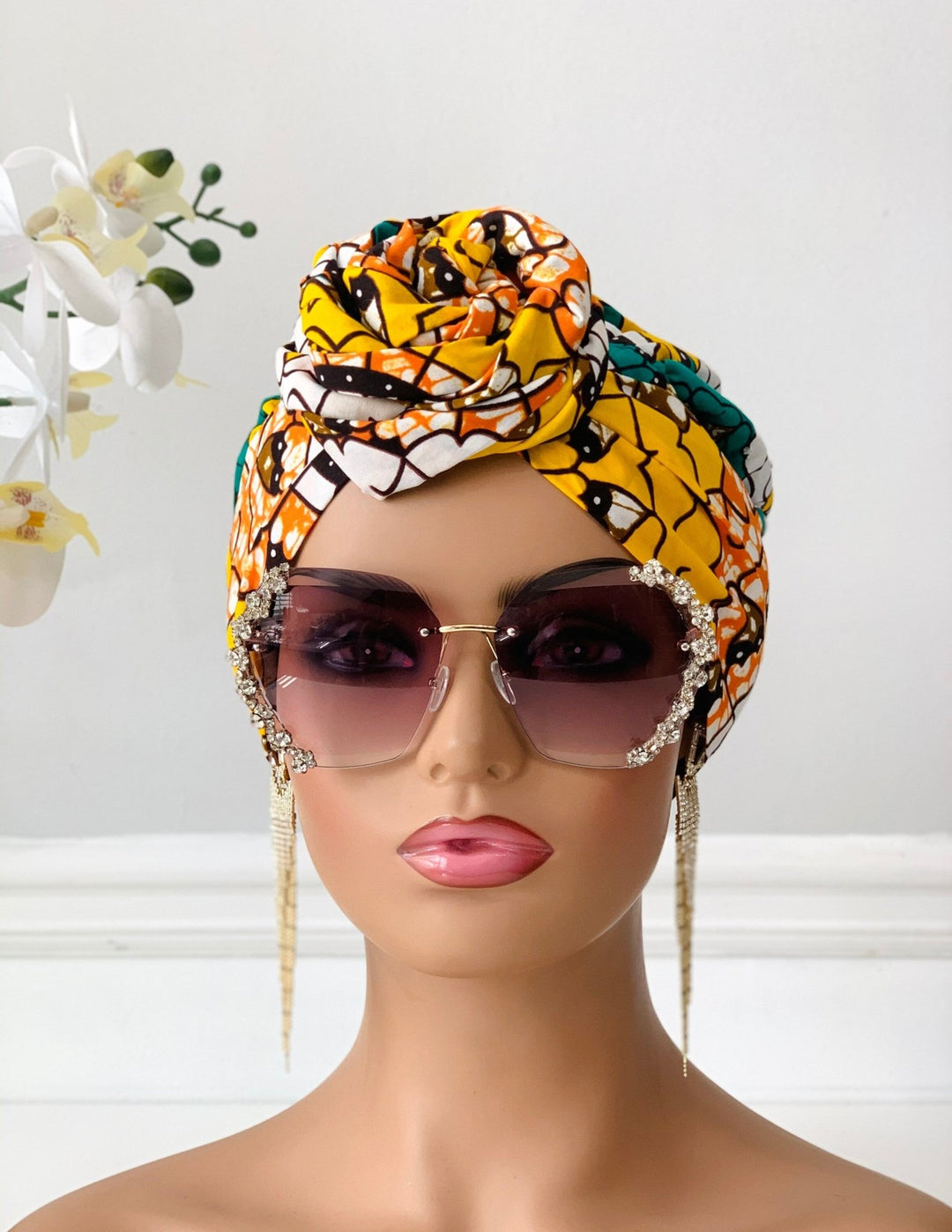 Yellow African Print 2-Piece Bonnet Headwrap - Mudvii