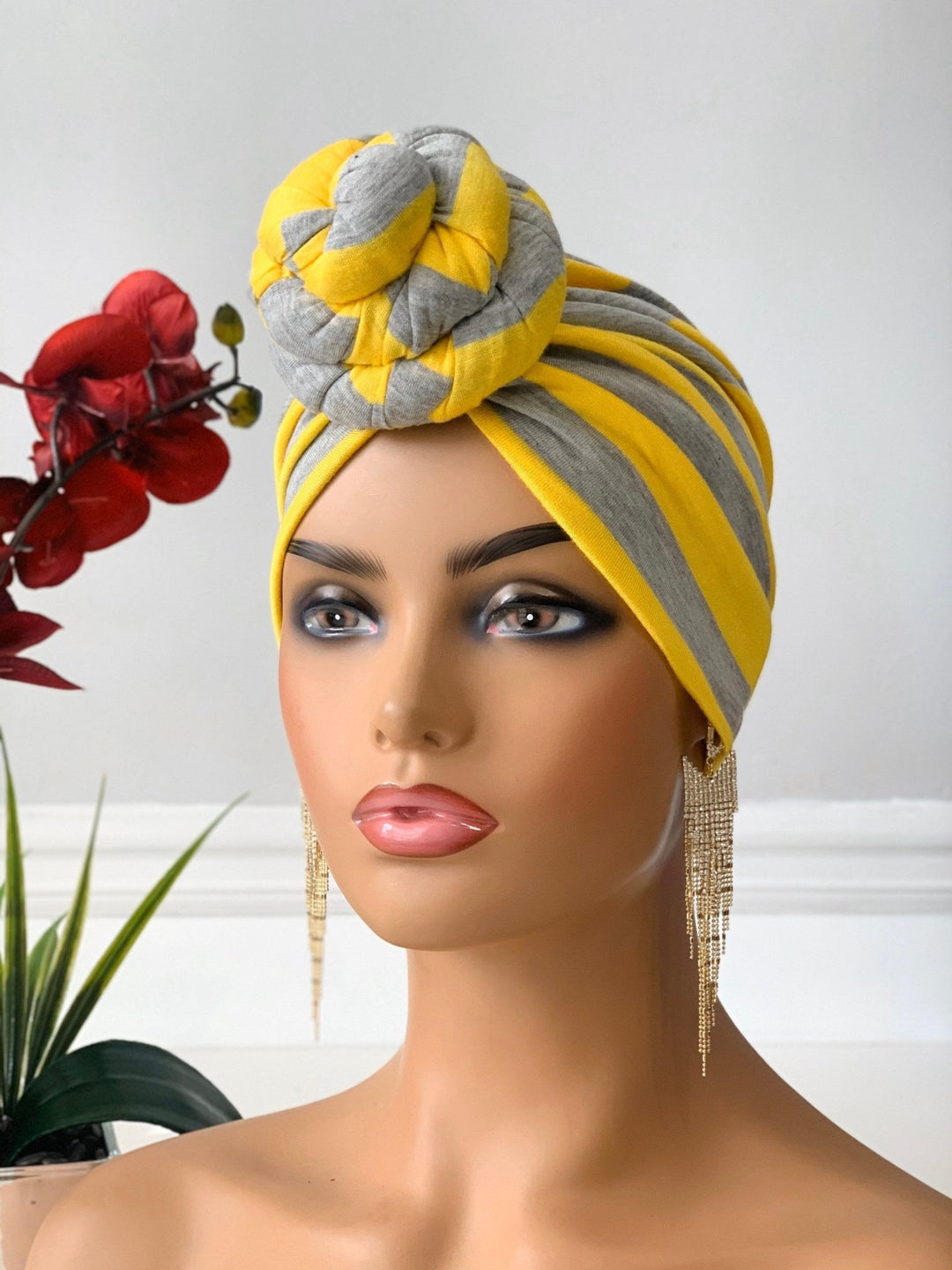 Yellow and Grey Stripe Pretied Headwrap - Mudvii