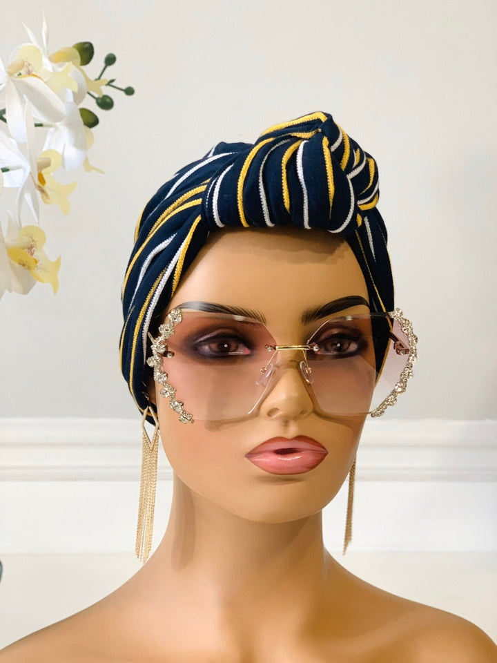 Yellow Stripe Pretied Knotted Turban - Mudvii