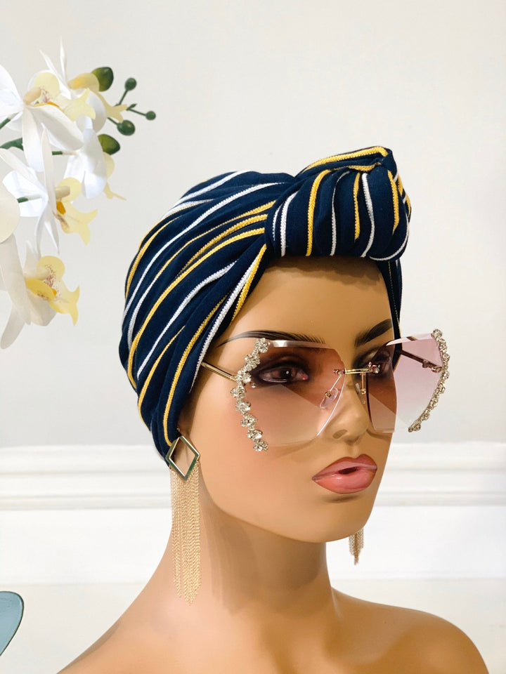 Yellow Stripe Pretied Knotted Turban - Mudvii