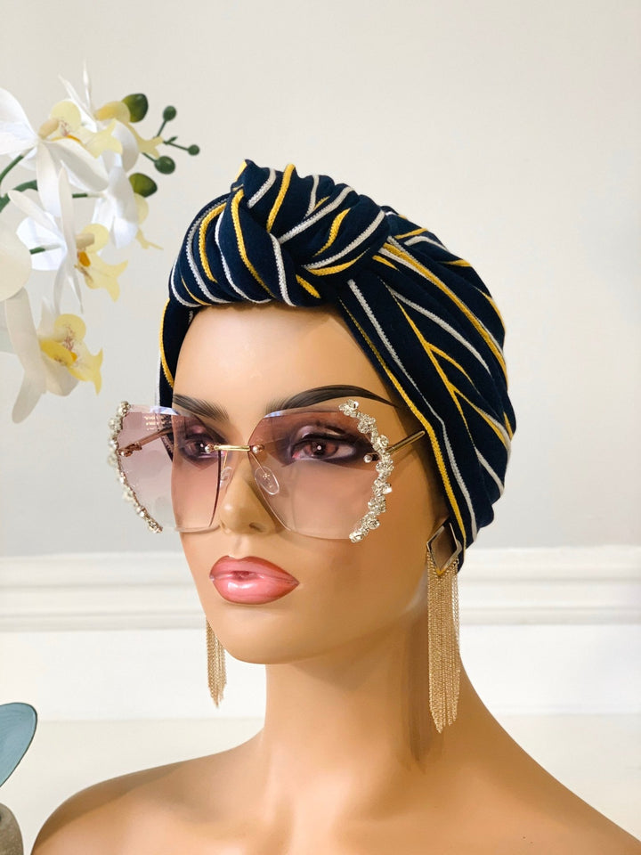 Yellow Stripe Pretied Knotted Turban - Mudvii